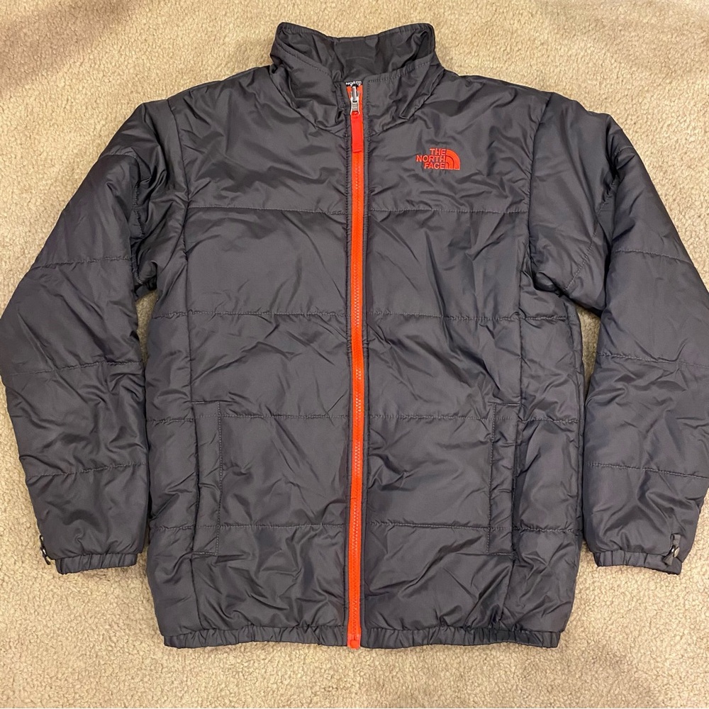 The North Face Kids Puffer Jacket in Charcoal with Orange Trim